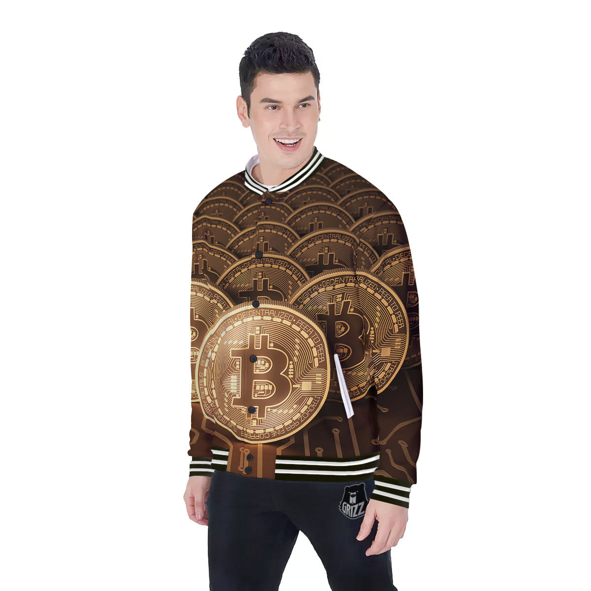 Bitcoin Symbol Gold Print Baseball Jacket-grizzshop