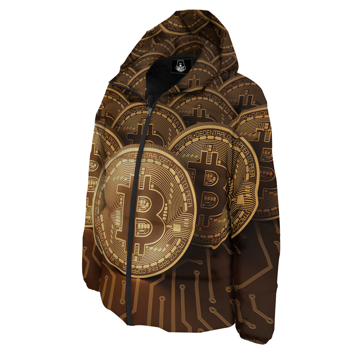 Bitcoin Symbol Gold Print Down Jacket-grizzshop