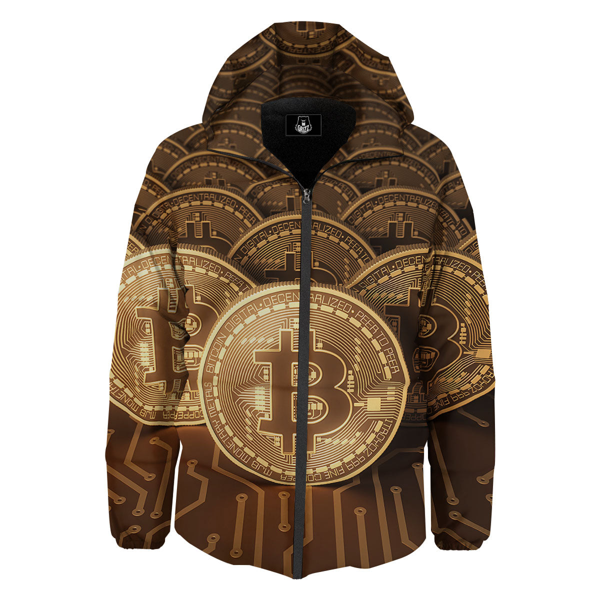 Bitcoin Symbol Gold Print Down Jacket-grizzshop