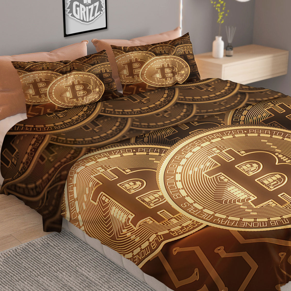 Bitcoin Symbol Gold Print Duvet Cover Bedding Set