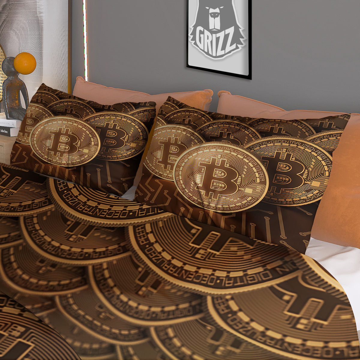 Bitcoin Symbol Gold Print Duvet Cover Bedding Set