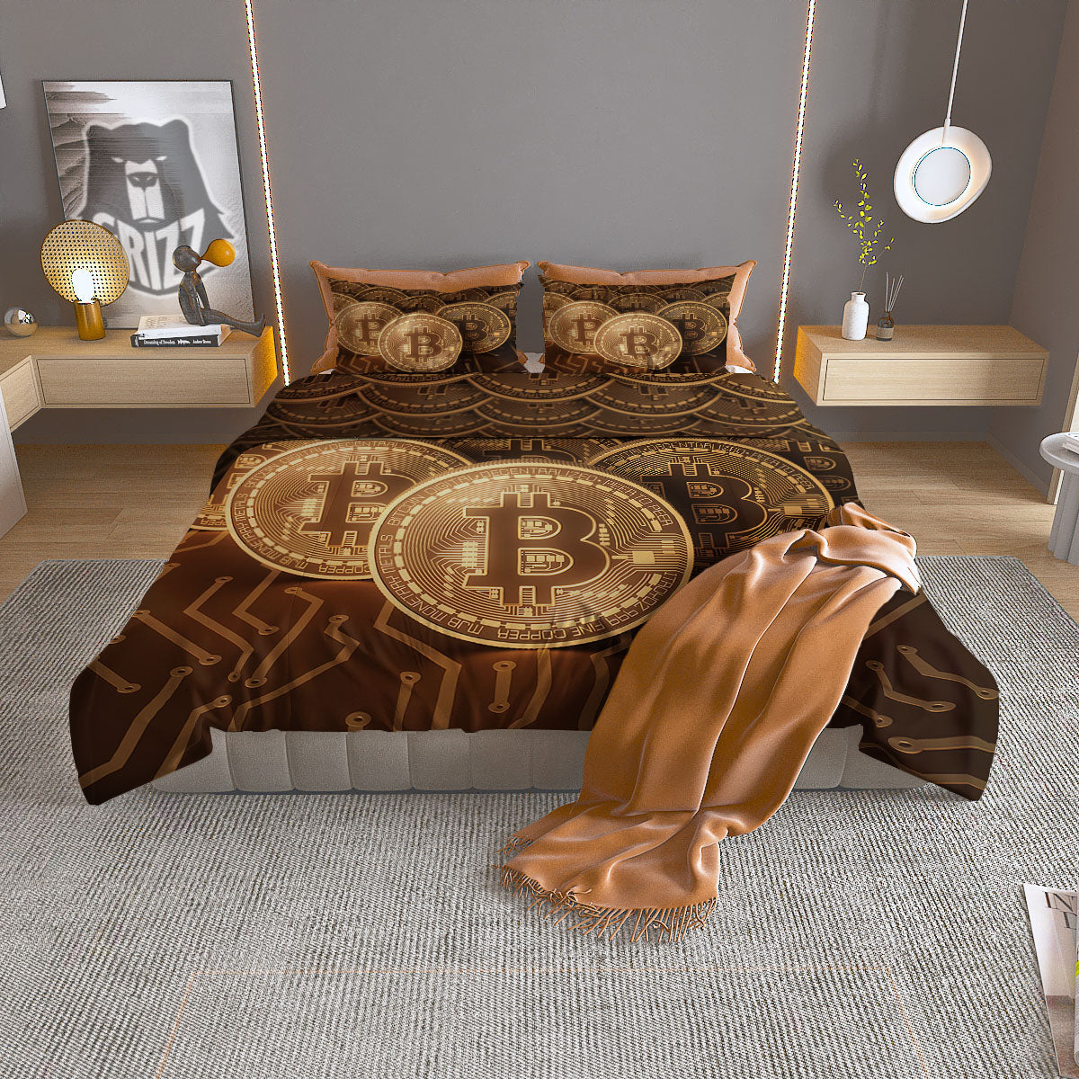 Bitcoin Symbol Gold Print Duvet Cover Bedding Set