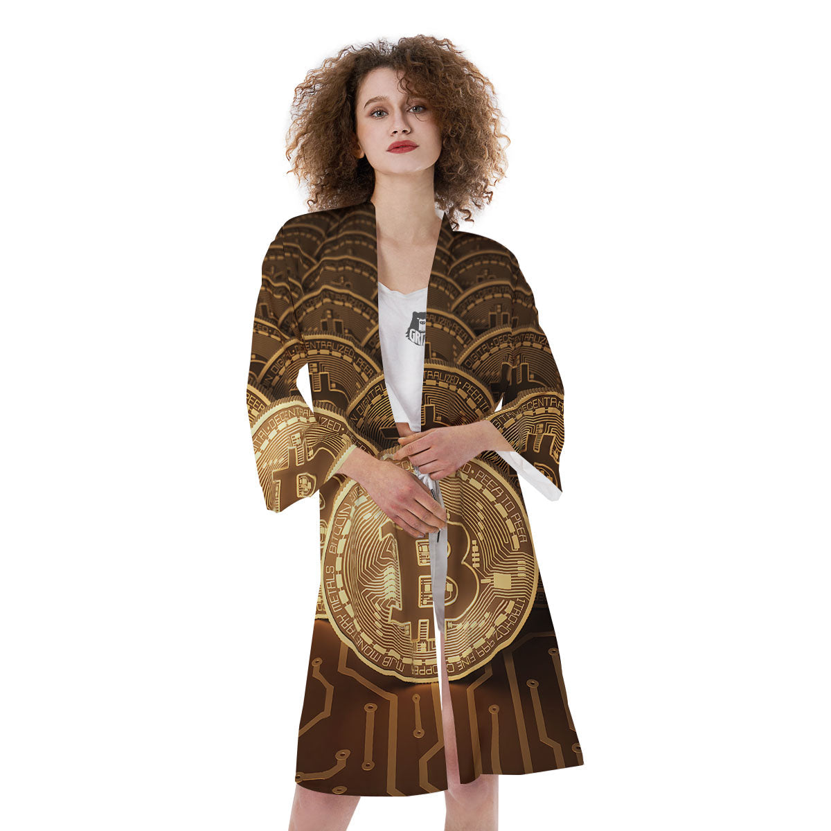 Bitcoin Symbol Gold Print Kimono-grizzshop