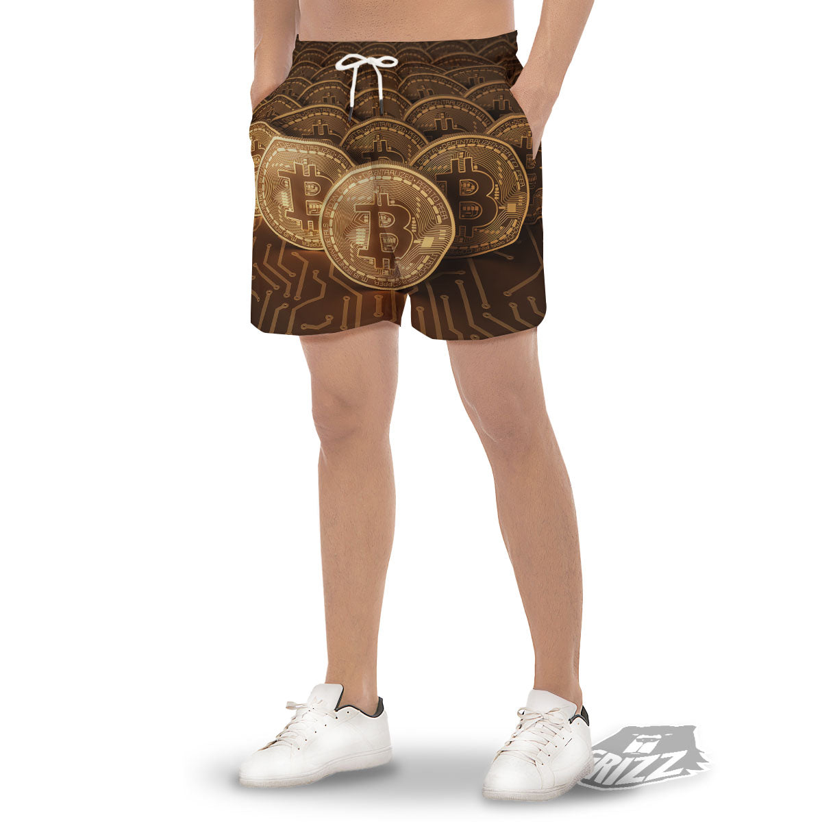 Bitcoin Symbol Gold Print Men's Gym Shorts-grizzshop