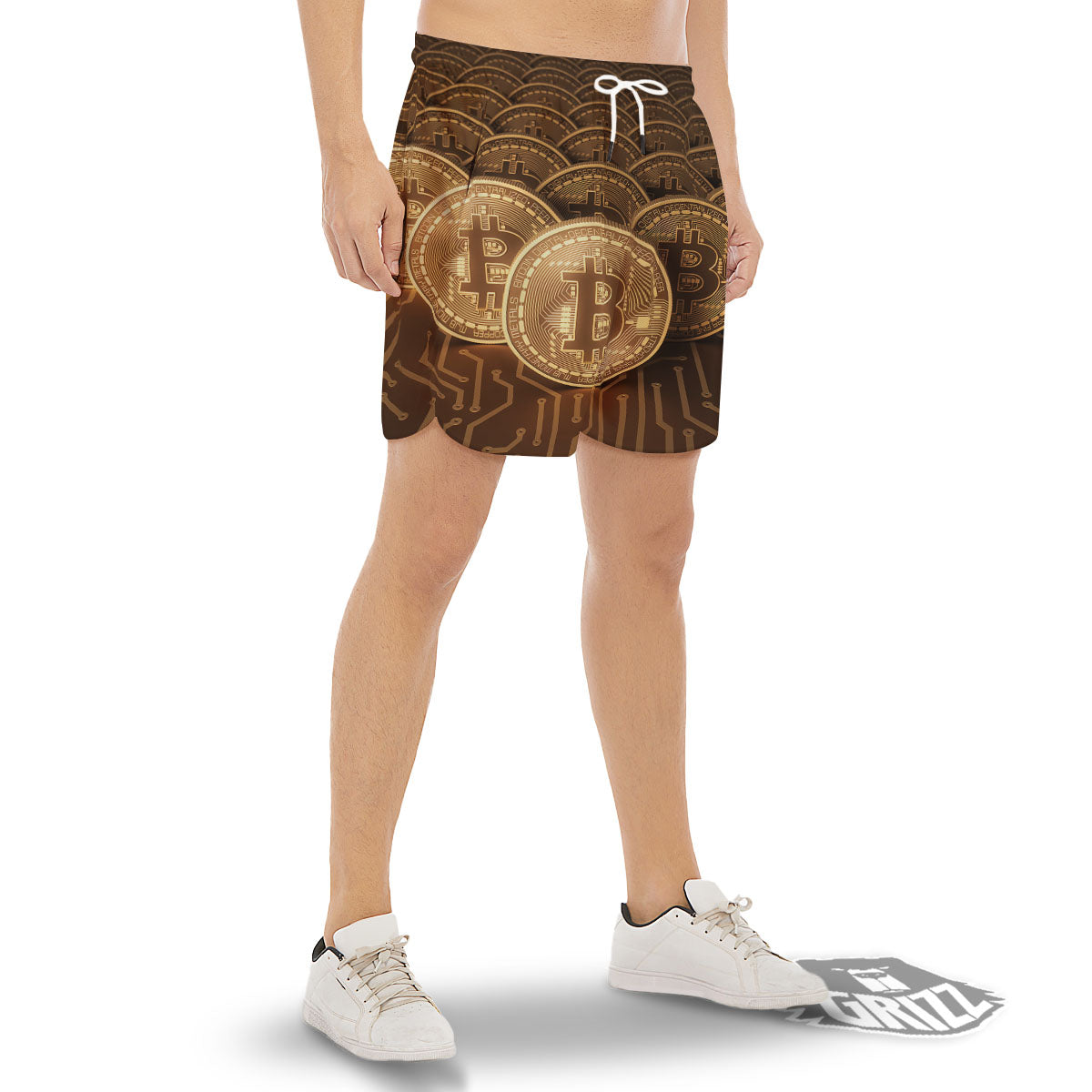 Bitcoin Symbol Gold Print Men's Gym Shorts-grizzshop