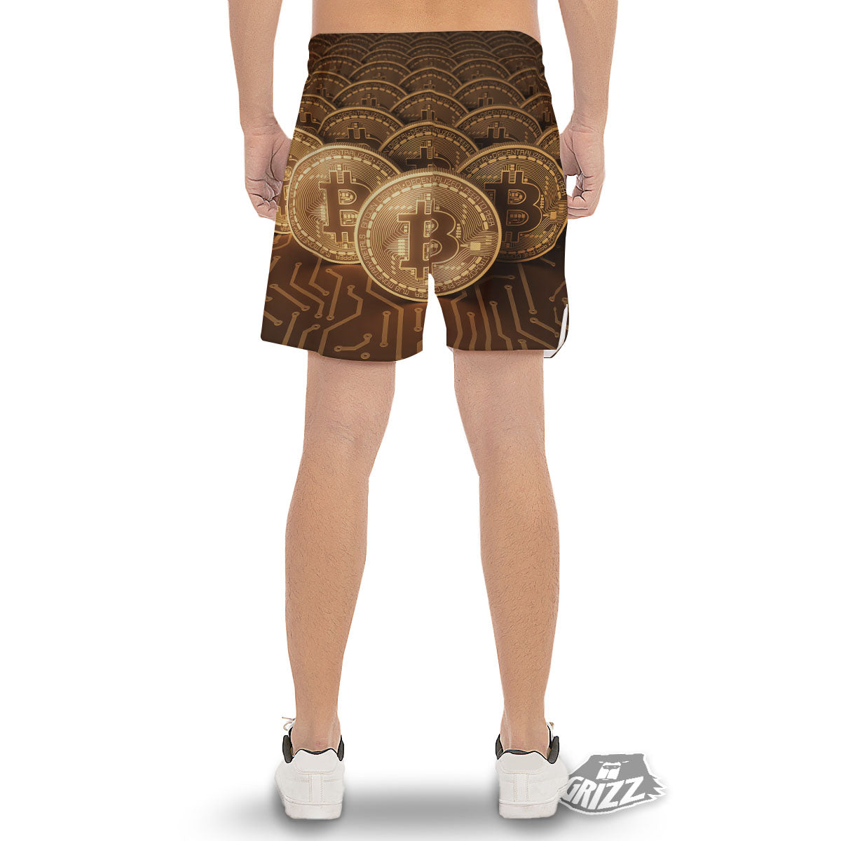 Bitcoin Symbol Gold Print Men's Gym Shorts-grizzshop