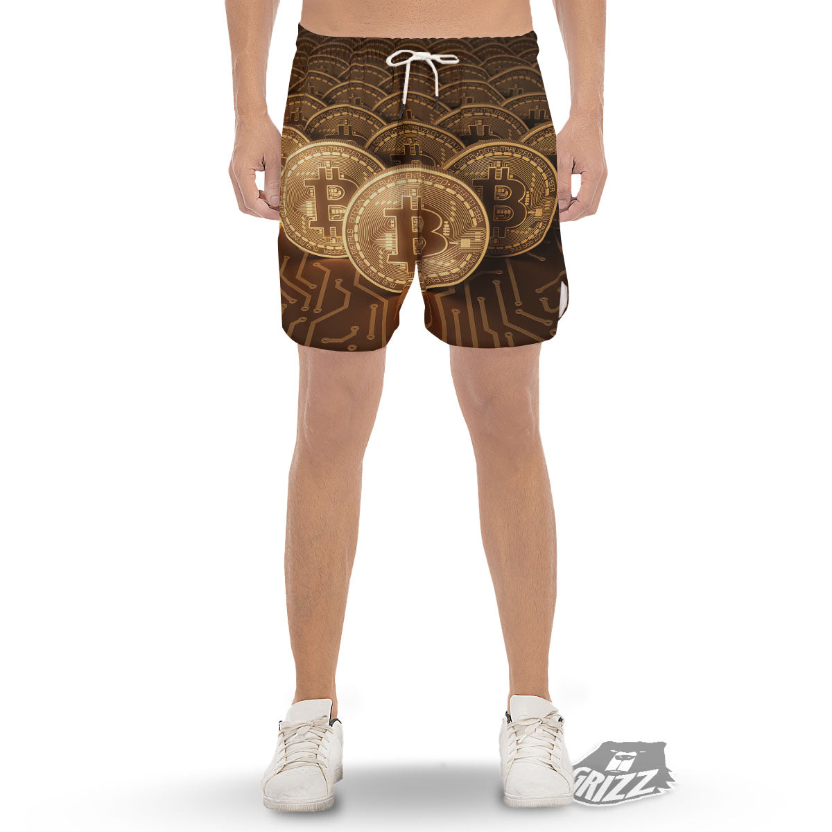 Bitcoin Symbol Gold Print Men's Gym Shorts-grizzshop