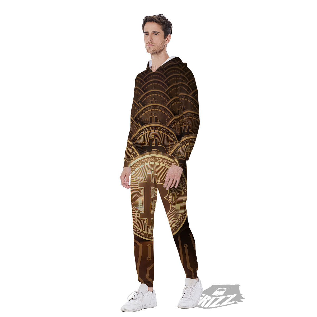 Bitcoin Symbol Gold Print Men's Jumpsuit-grizzshop