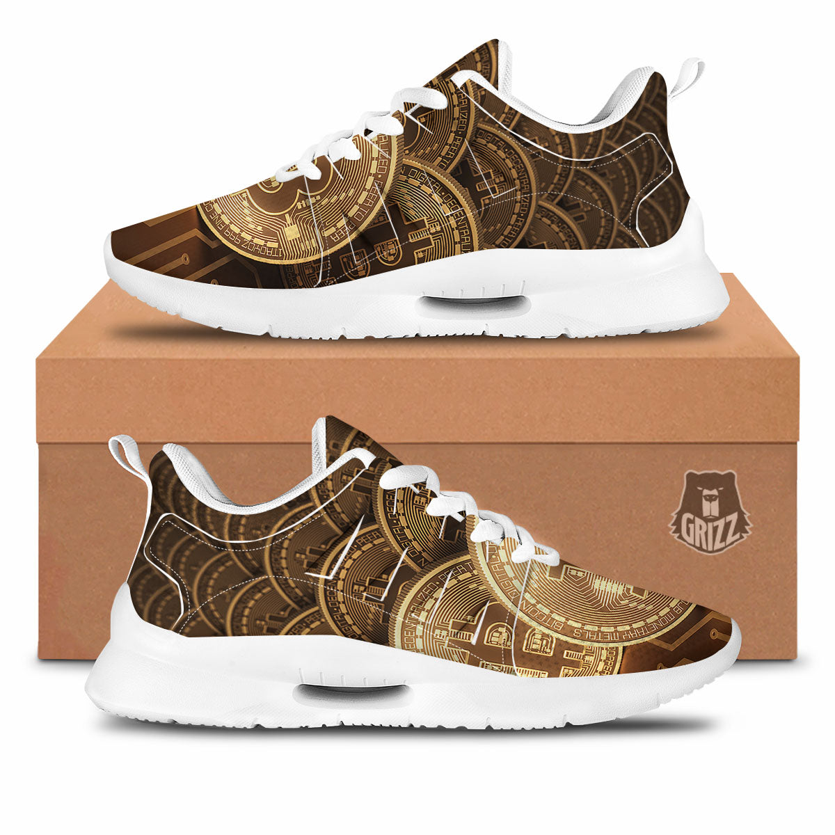 Bitcoin Symbol Gold Print Tennis Shoes-grizzshop