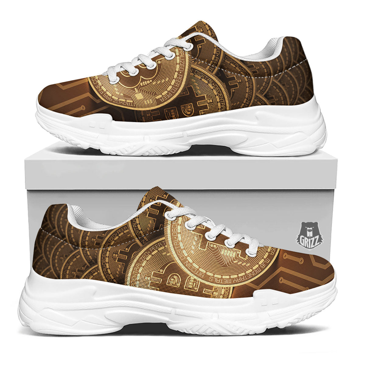 Bitcoin Symbol Gold Print White Chunky Shoes-grizzshop