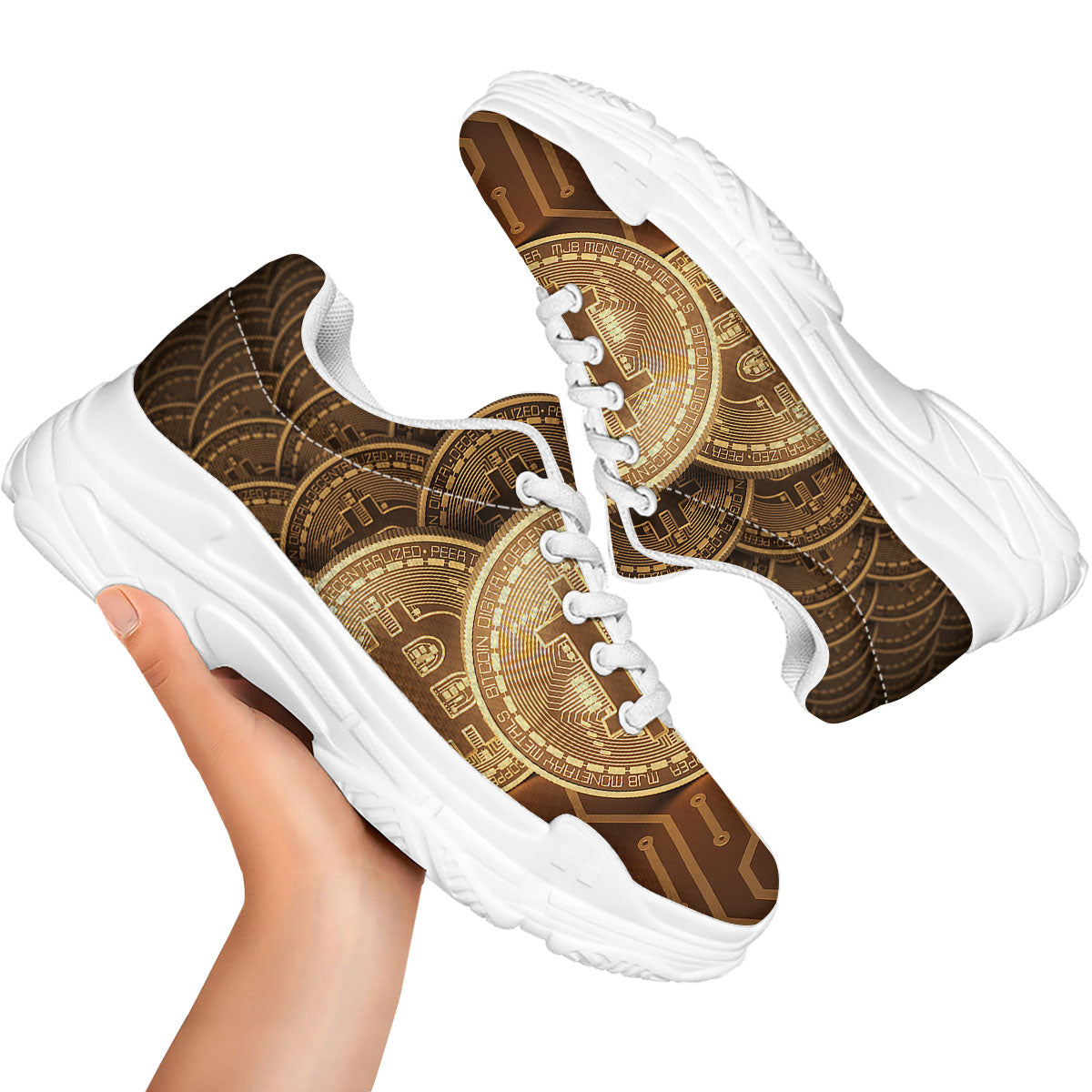 Bitcoin Symbol Gold Print White Chunky Shoes-grizzshop