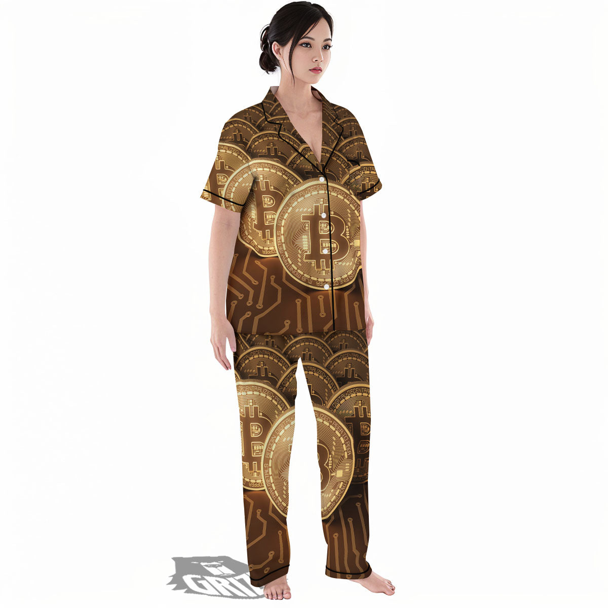 Bitcoin Symbol Gold Print Women's Pajamas Set-grizzshop