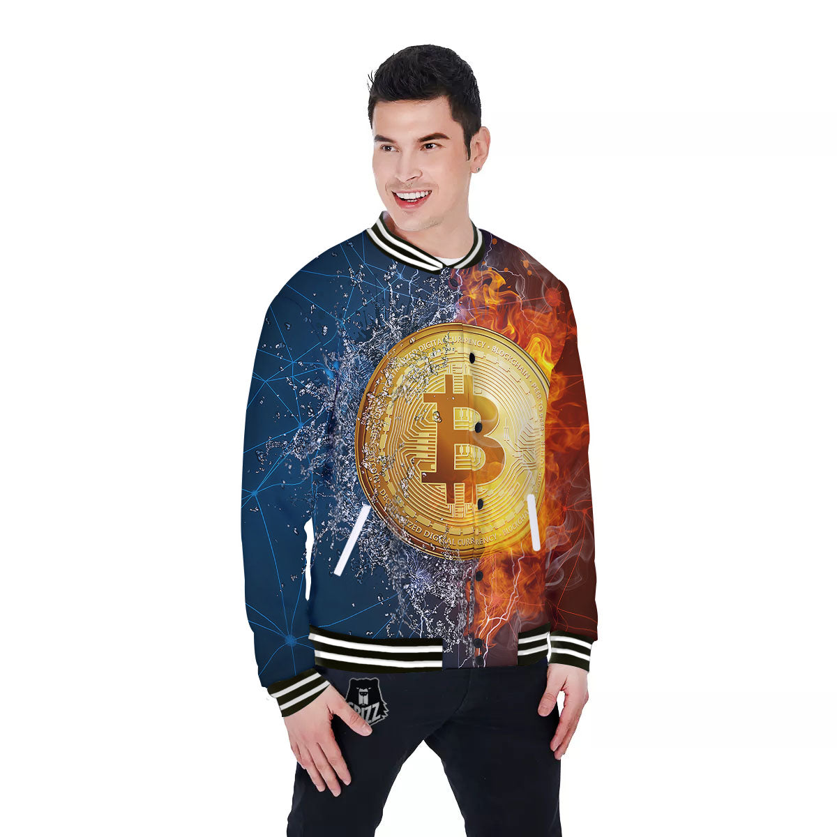 Bitcoin Water And Fire Print Baseball Jacket-grizzshop