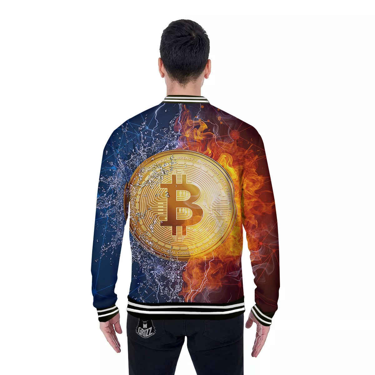 Bitcoin Water And Fire Print Baseball Jacket-grizzshop