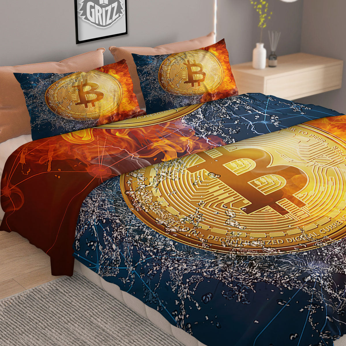 Bitcoin Water And Fire Print Duvet Cover Bedding Set