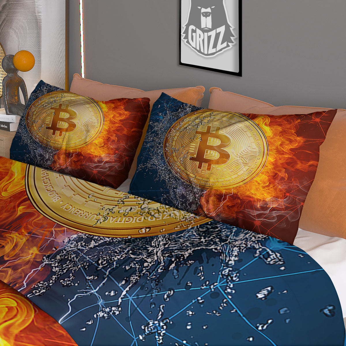 Bitcoin Water And Fire Print Duvet Cover Bedding Set