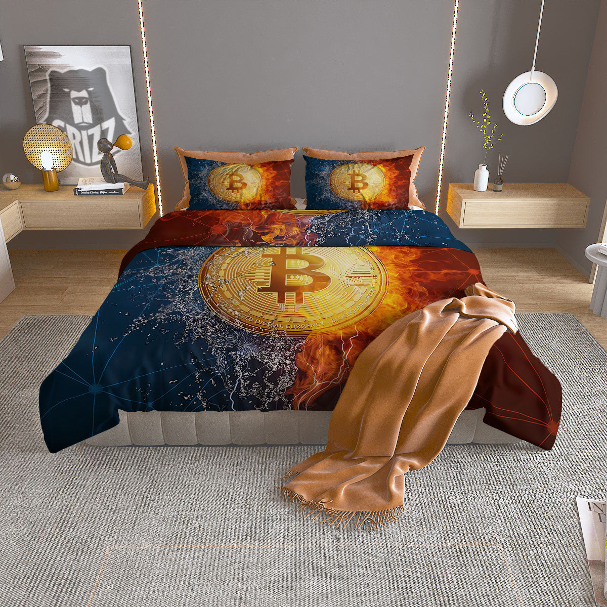 Bitcoin Water And Fire Print Duvet Cover Bedding Set