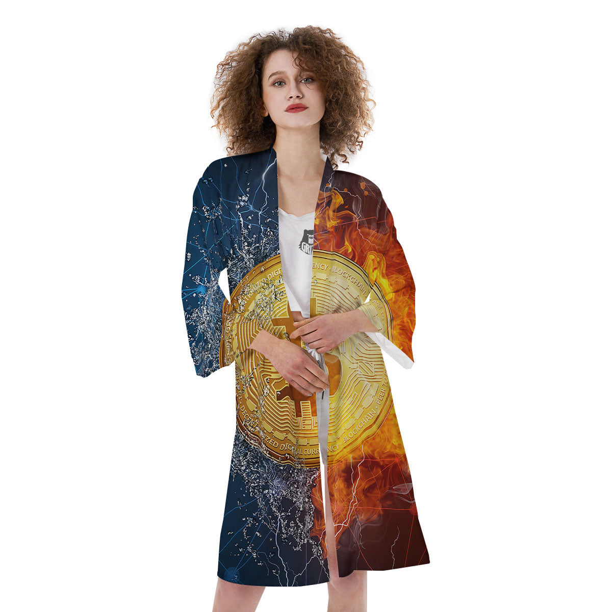 Bitcoin Water And Fire Print Kimono-grizzshop