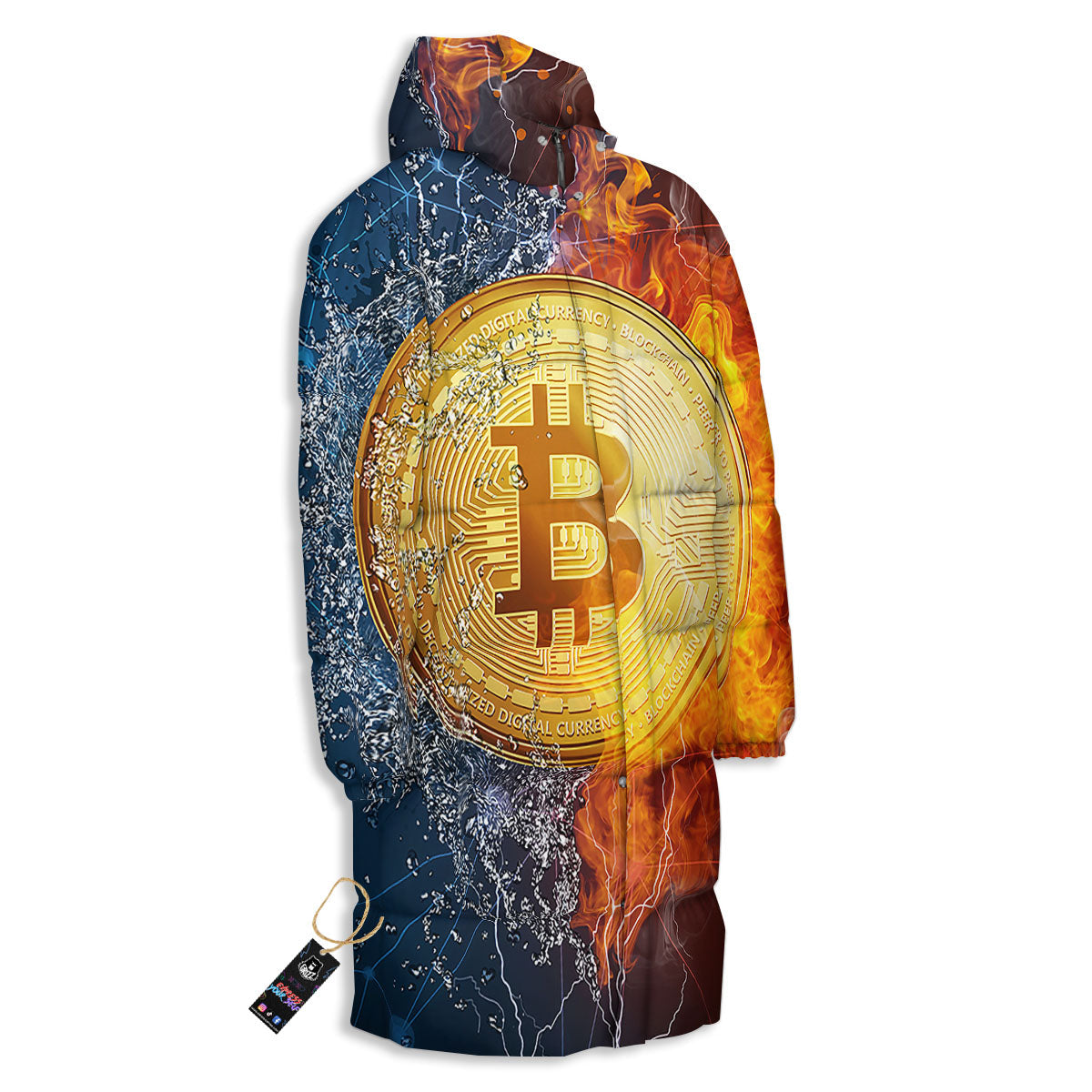 Bitcoin Water And Fire Print Long Down Jacket-grizzshop