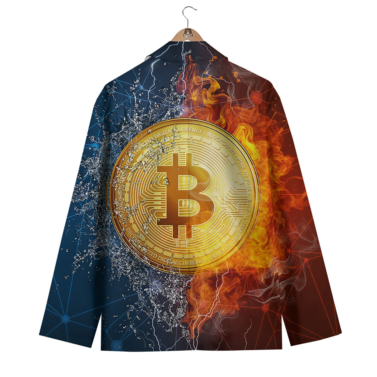 Bitcoin Water And Fire Print Men's Blazer-grizzshop