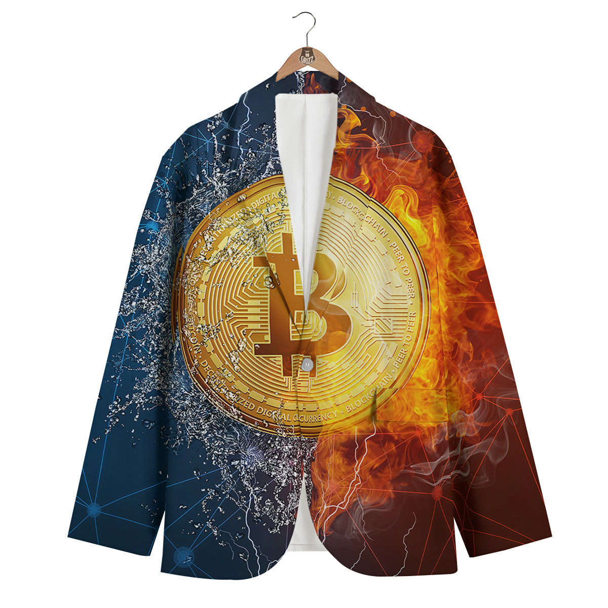 Bitcoin Water And Fire Print Men's Blazer-grizzshop