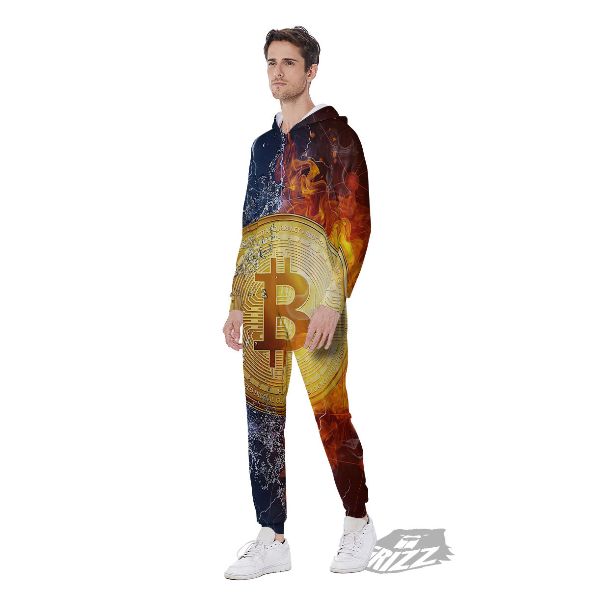 Bitcoin Water And Fire Print Men's Jumpsuit-grizzshop