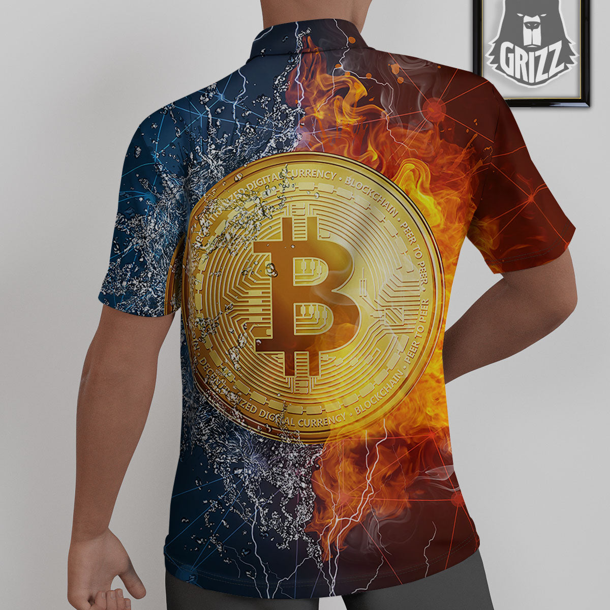 Bitcoin Water And Fire Print Untucked Shirts-grizzshop