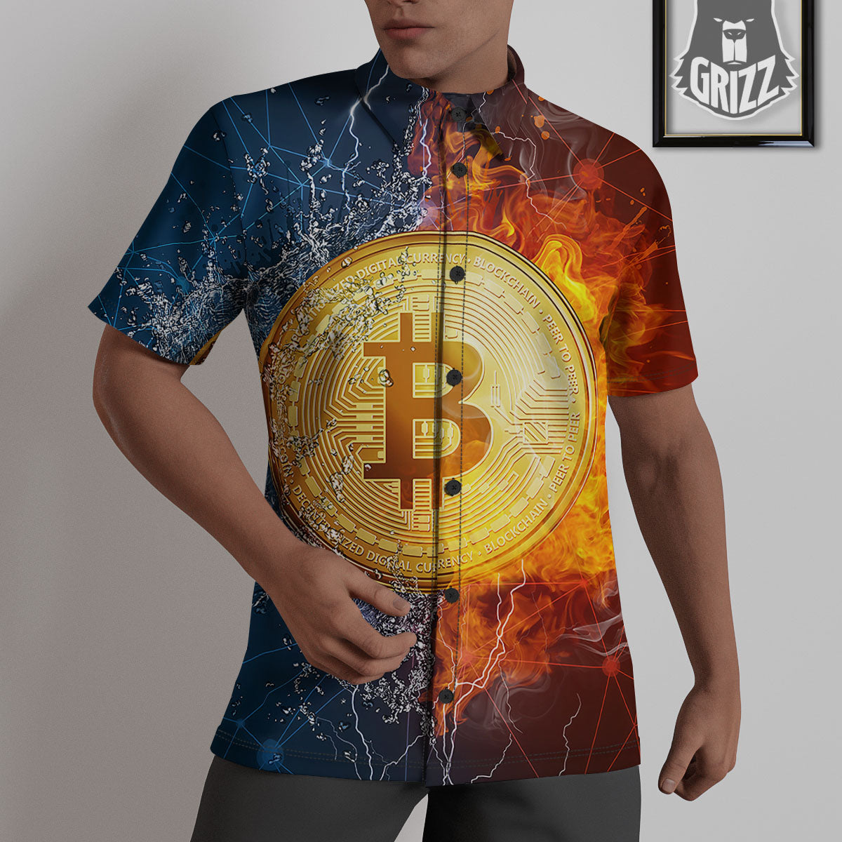Bitcoin Water And Fire Print Untucked Shirts-grizzshop