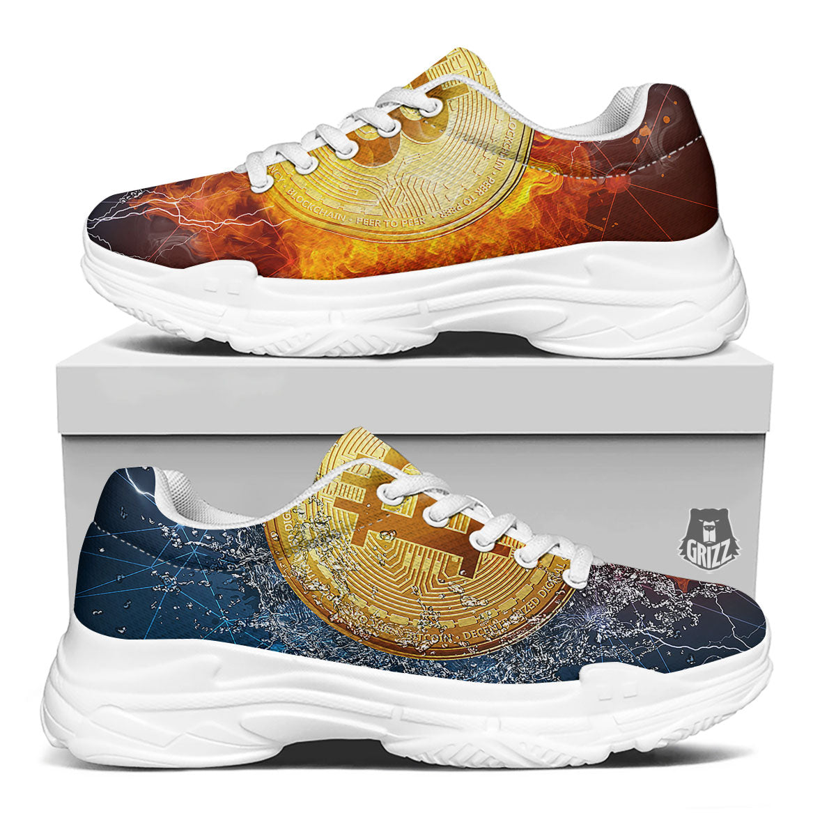 Bitcoin Water And Fire Print White Chunky Shoes-grizzshop