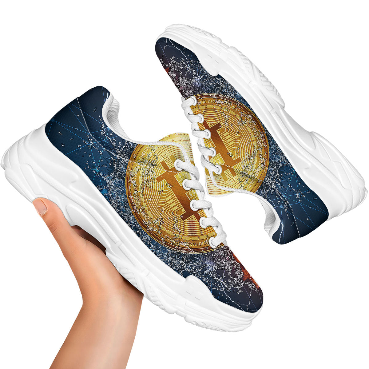 Bitcoin Water And Fire Print White Chunky Shoes-grizzshop