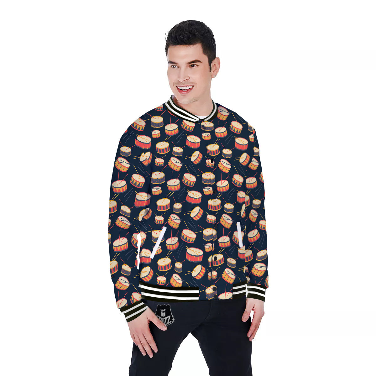 Black And Beige Drum Print Pattern Baseball Jacket-grizzshop