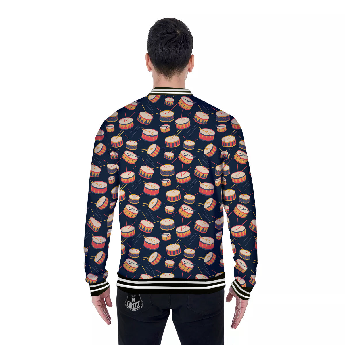 Black And Beige Drum Print Pattern Baseball Jacket-grizzshop