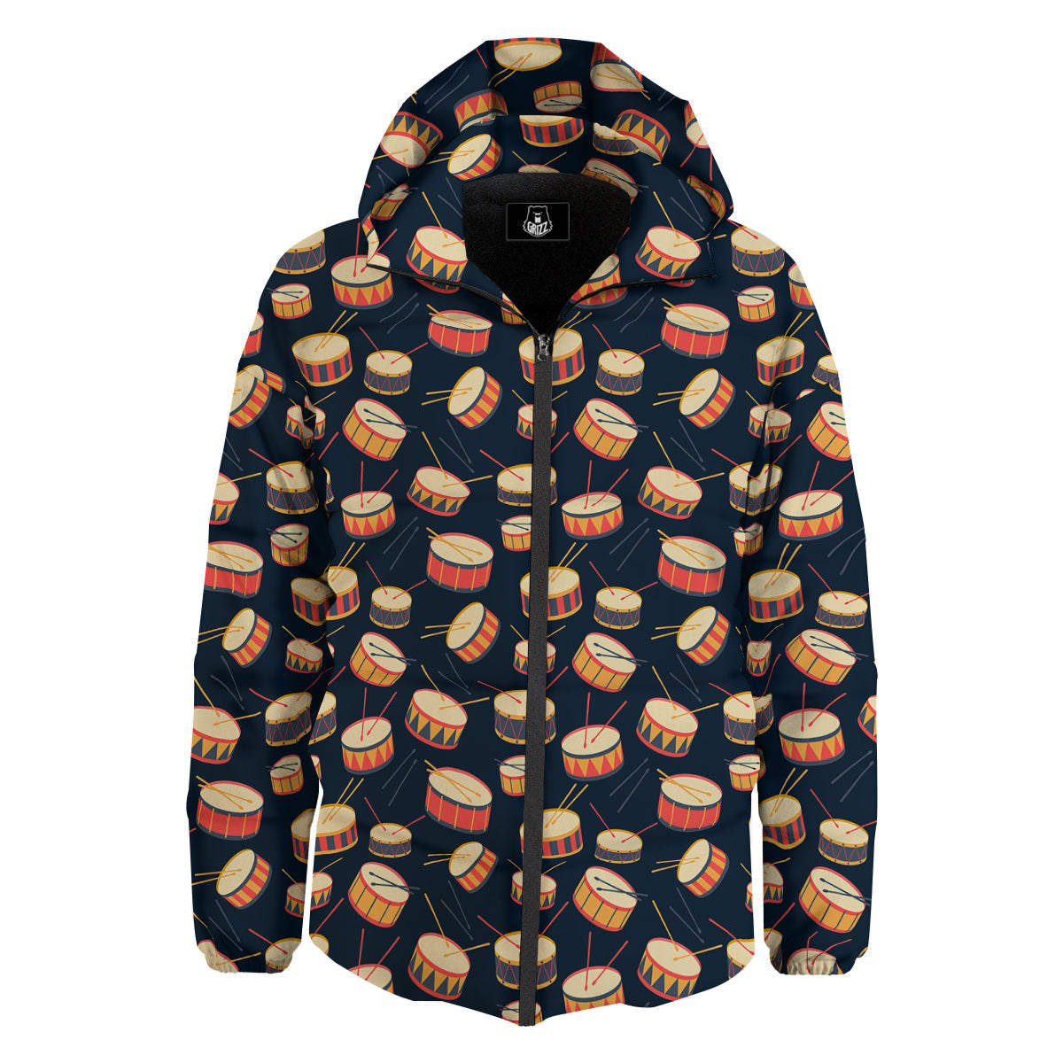 Black And Beige Drum Print Pattern Down Jacket-grizzshop