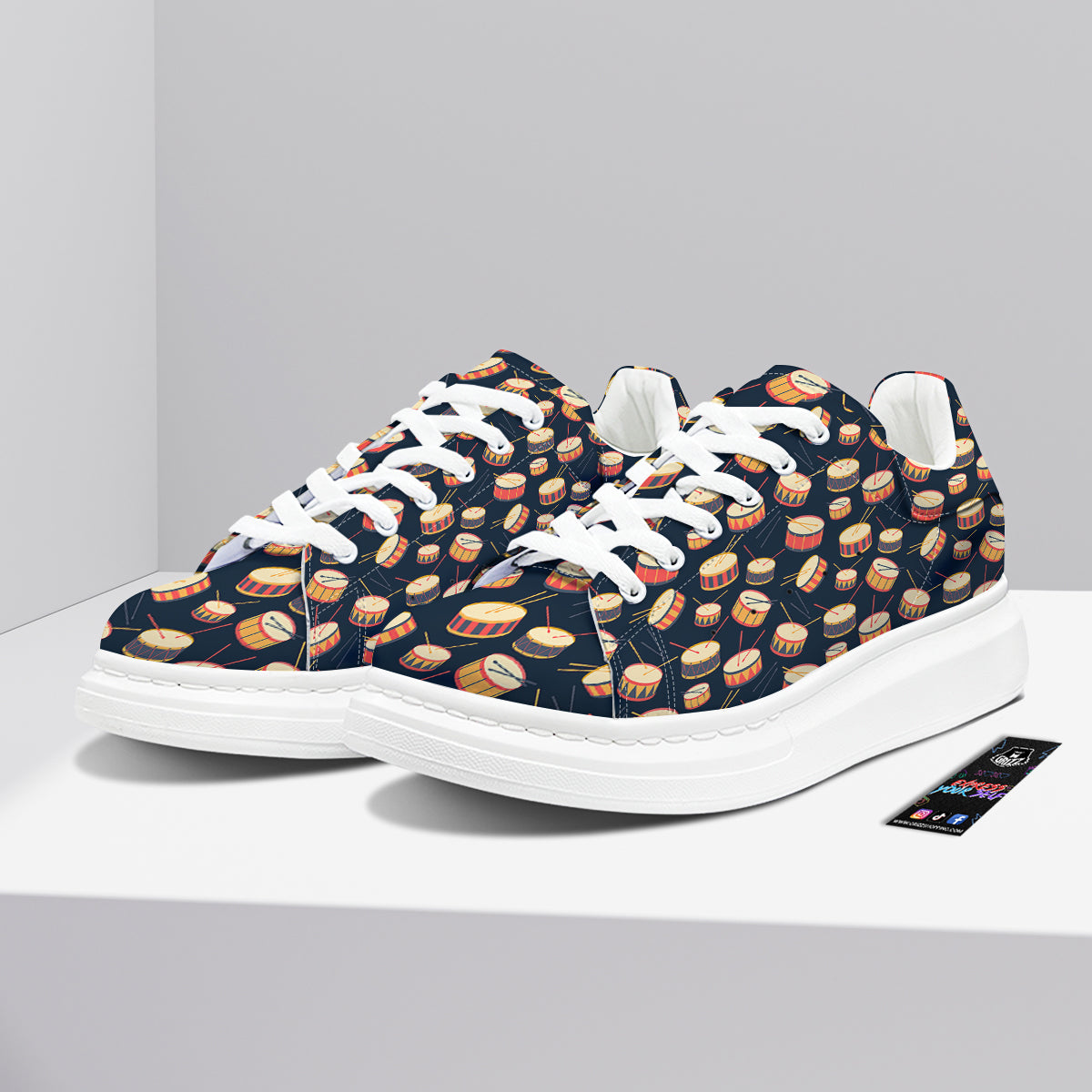 Black And Beige Drum Print Pattern Platform Shoes-grizzshop