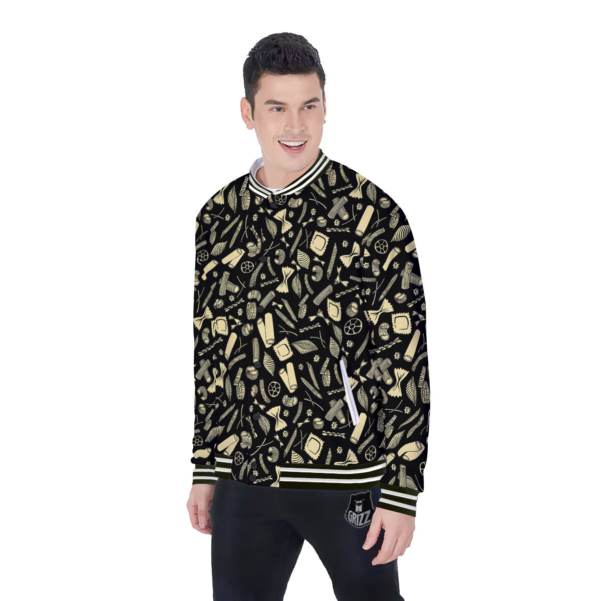 Black And Beige Macaroni Print Pattern Baseball Jacket-grizzshop