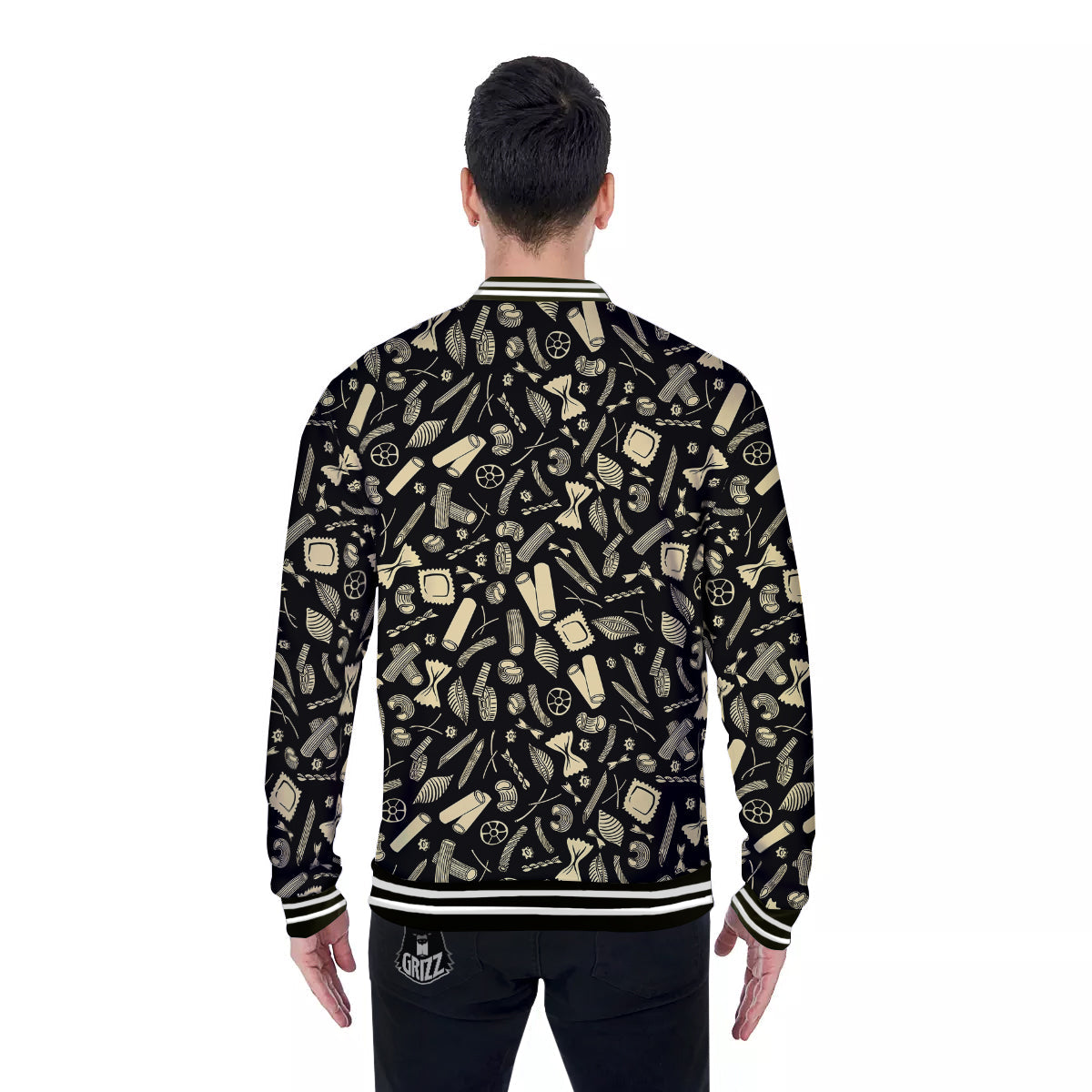 Black And Beige Macaroni Print Pattern Baseball Jacket-grizzshop