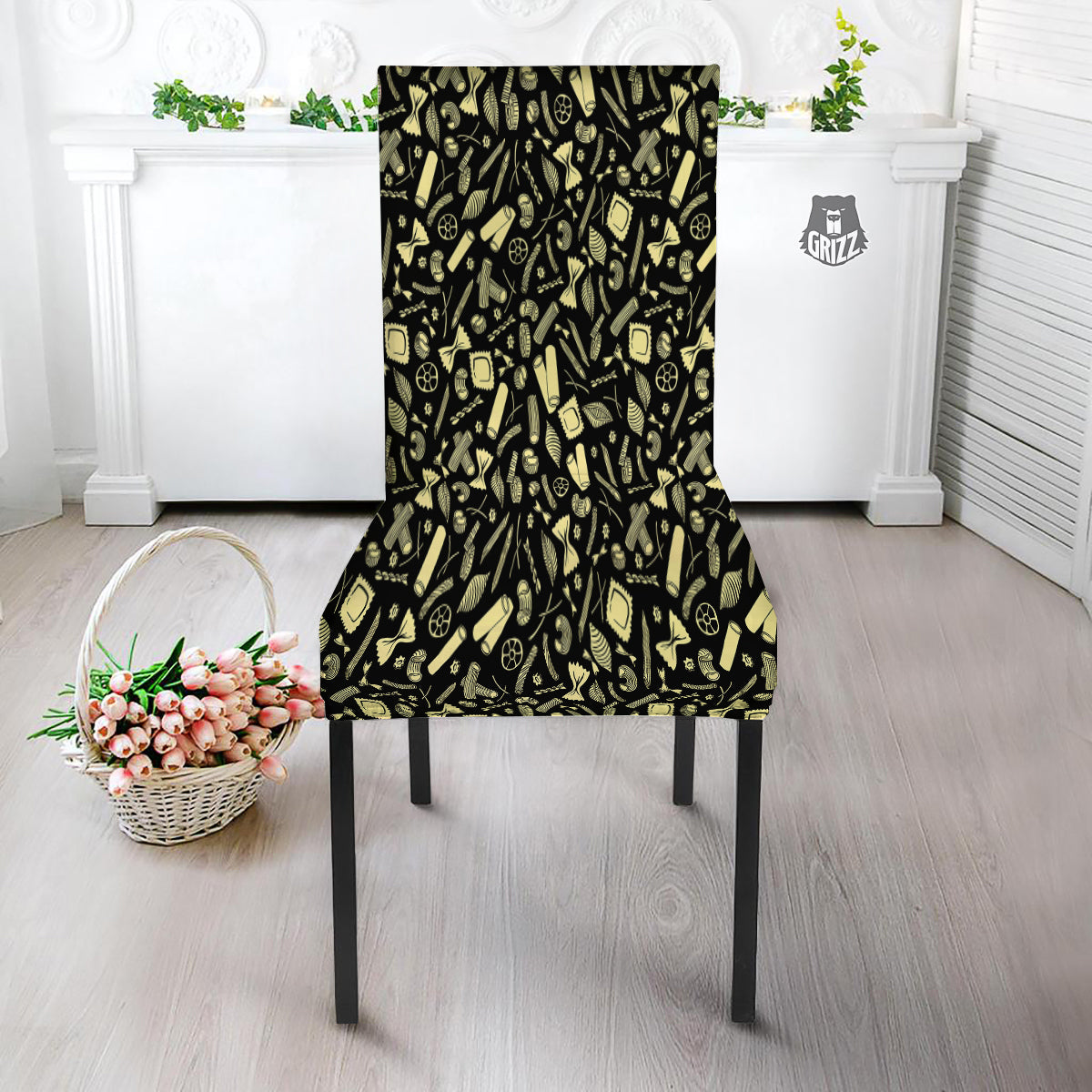 Black And Beige Macaroni Print Pattern Dining Chair Slipcover-grizzshop