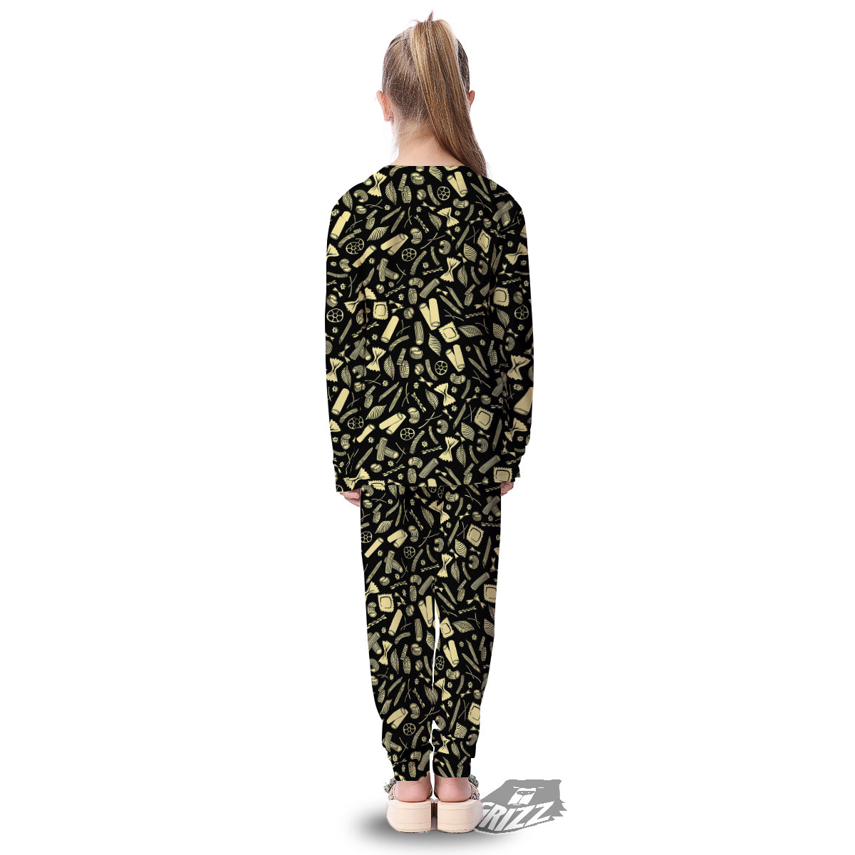 Black And Beige Macaroni Print Pattern Kid's Pajamas-grizzshop