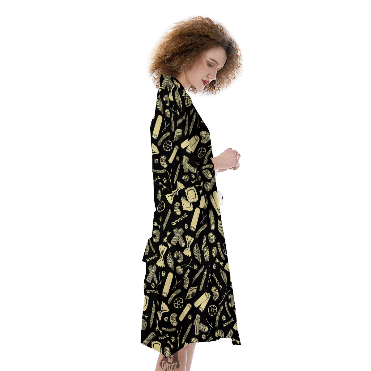 Black And Beige Macaroni Print Pattern Kimono-grizzshop