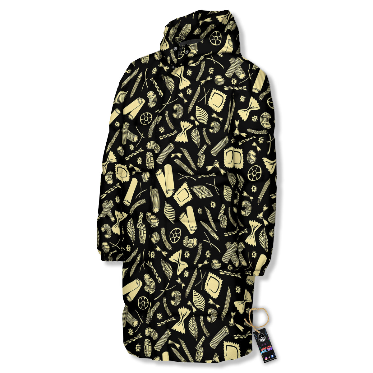 Black And Beige Macaroni Print Pattern Long Down Jacket-grizzshop