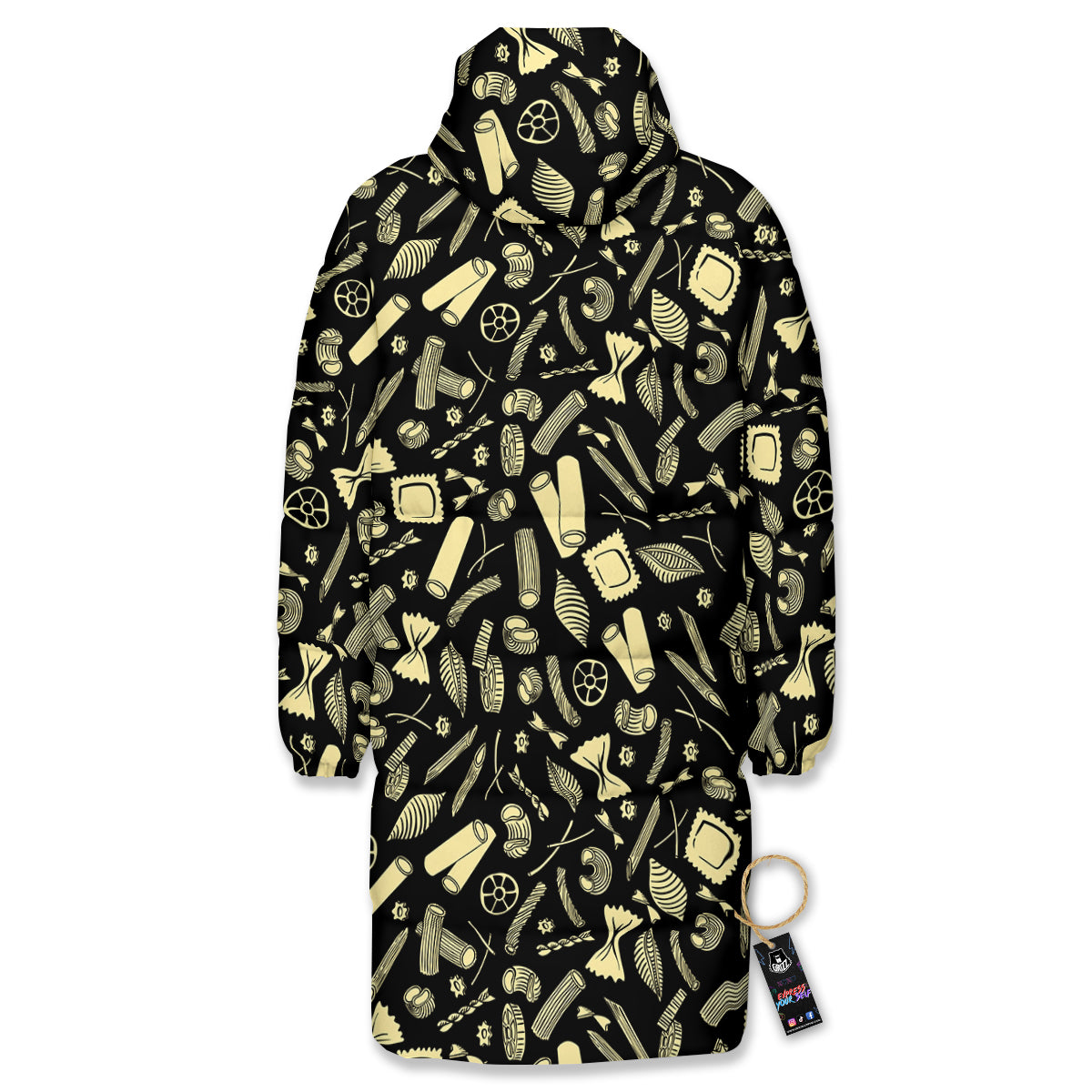 Black And Beige Macaroni Print Pattern Long Down Jacket-grizzshop