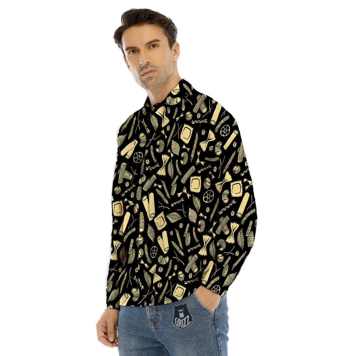 Black And Beige Macaroni Print Pattern Men's Dress Shirts-grizzshop