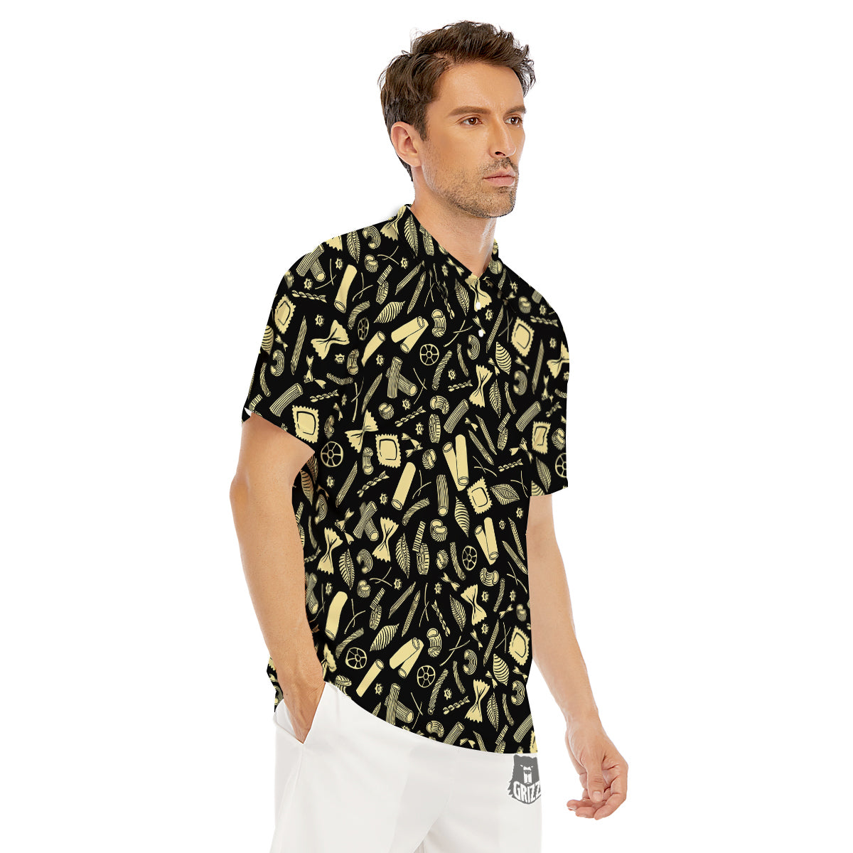 Black And Beige Macaroni Print Pattern Men's Golf Shirts-grizzshop
