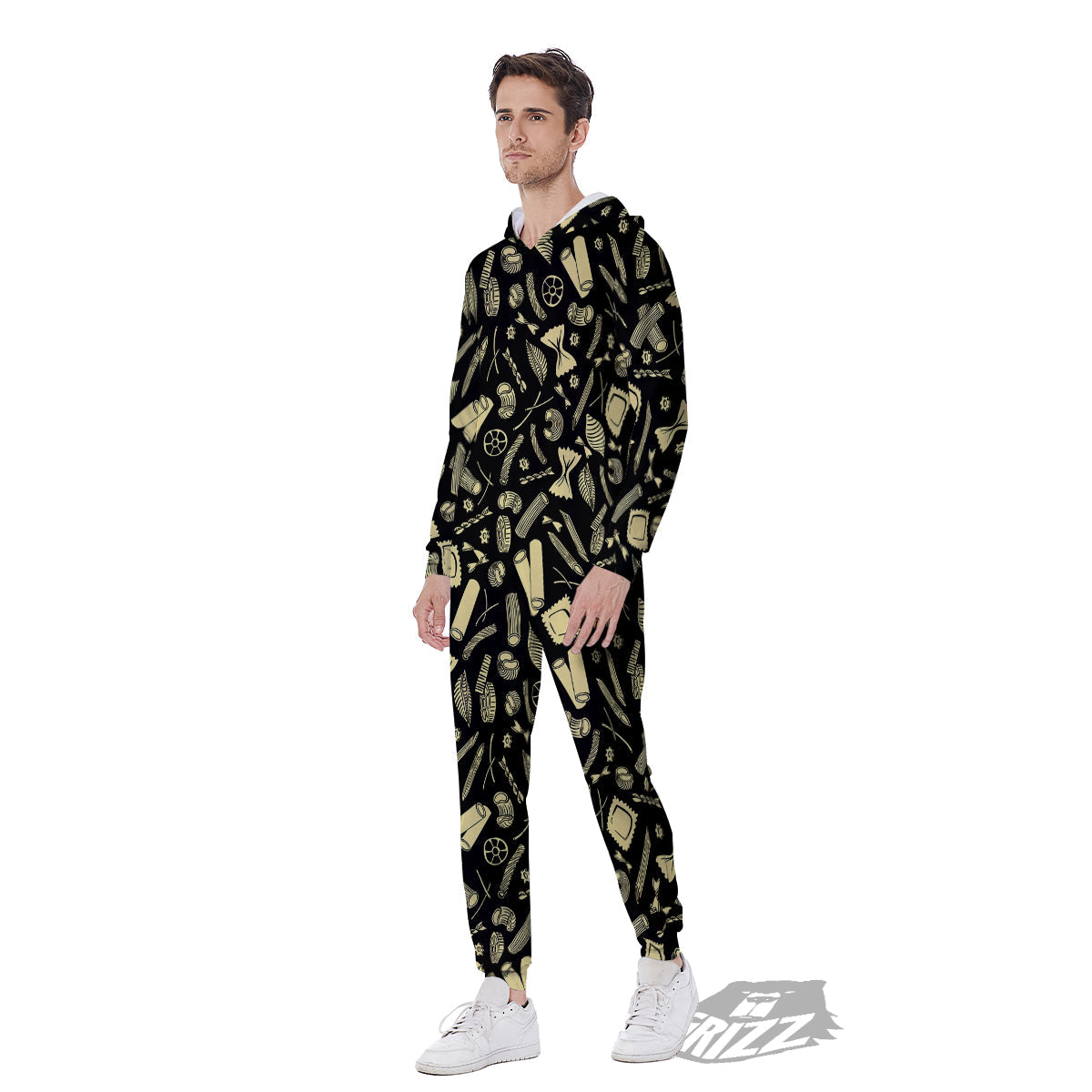 Black And Beige Macaroni Print Pattern Men's Jumpsuit-grizzshop