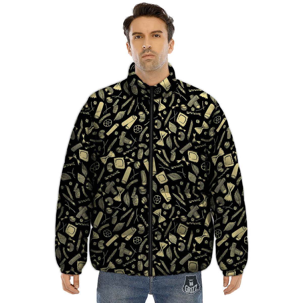 Black And Beige Macaroni Print Pattern Puffer Jacket-grizzshop