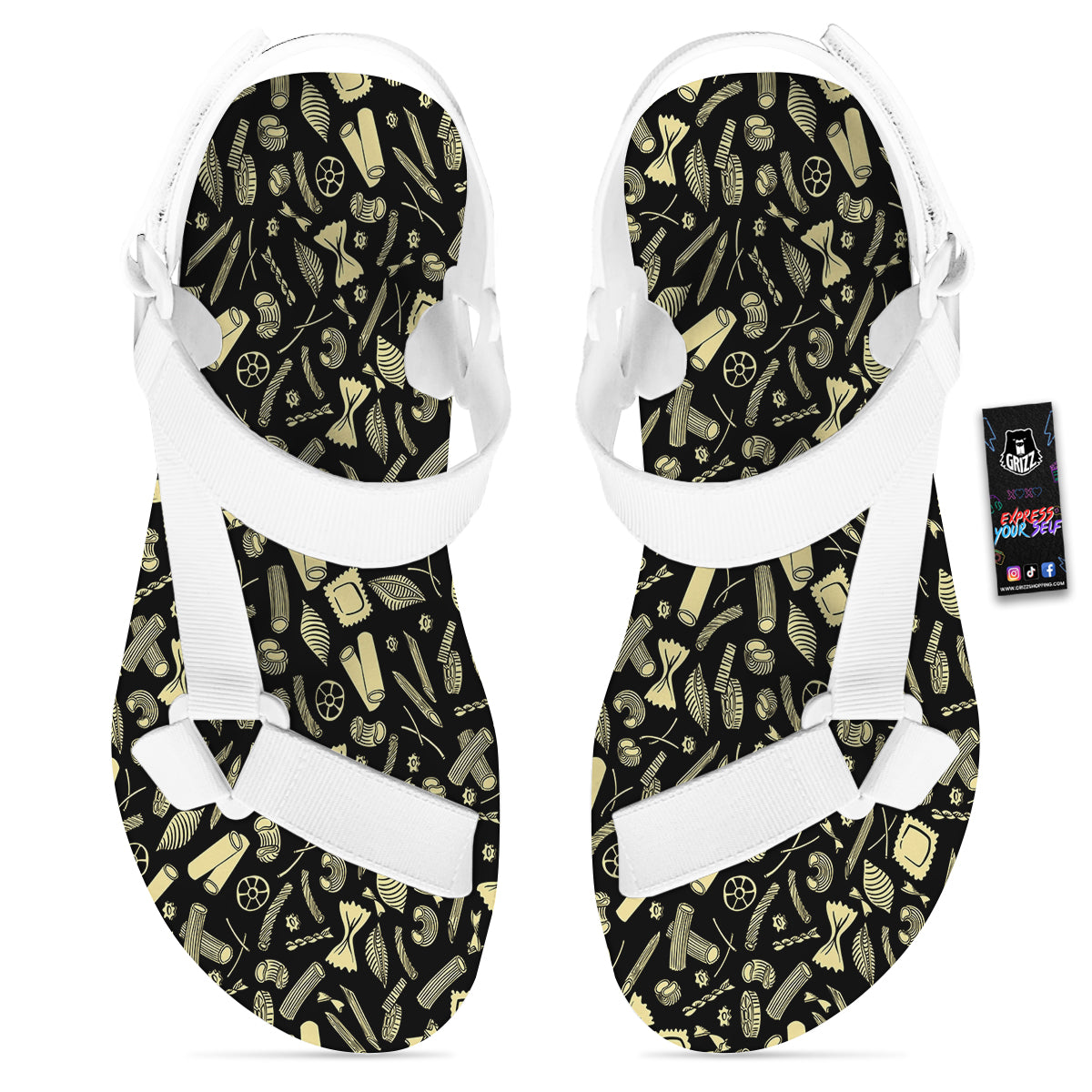 Black And Beige Macaroni Print Pattern White Open Toe Sandals-grizzshop
