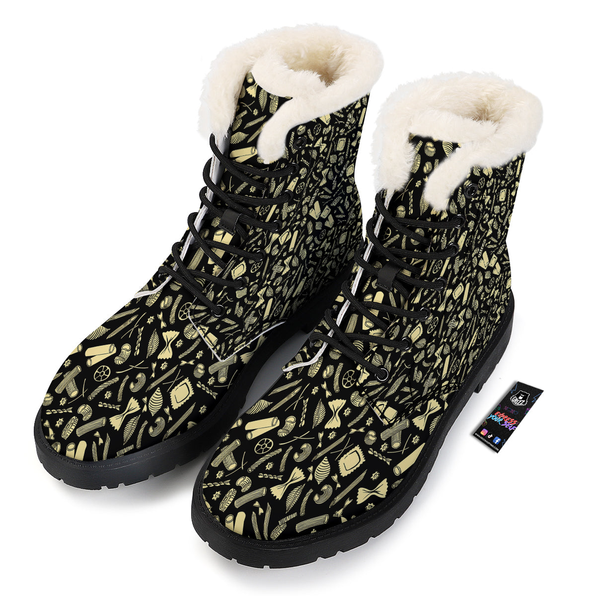 Black And Beige Macaroni Print Pattern Winter Boots-grizzshop