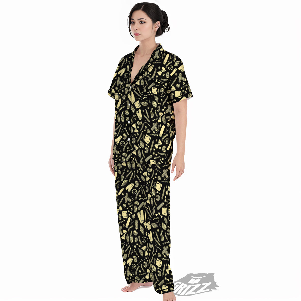 Black And Beige Macaroni Print Pattern Women's Pajamas Set-grizzshop
