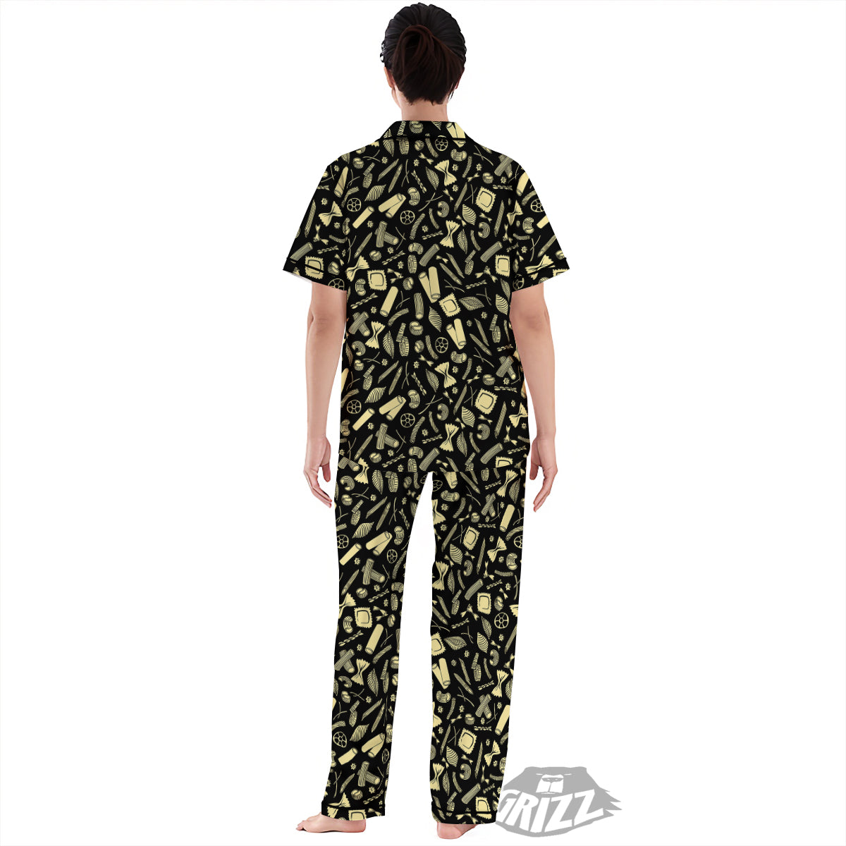 Black And Beige Macaroni Print Pattern Women's Pajamas Set-grizzshop