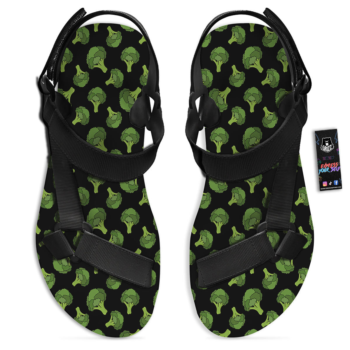 Black And Broccoli Print Pattern Black Open Toe Sandals-grizzshop